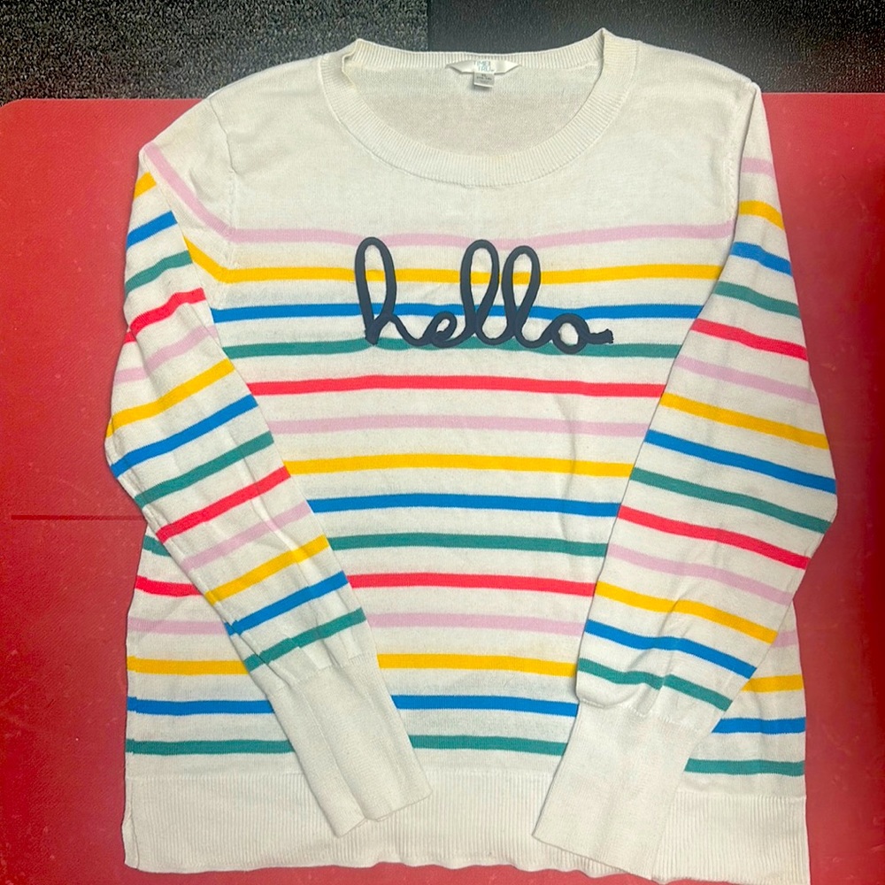 Time and Tru, XL (16-18), “hello” rainbow, striped sweater, EUC.
